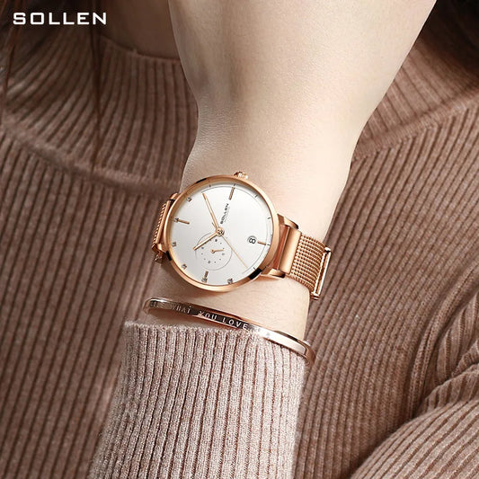 SOLLEN Luxury Automatic Self-Wind  Rose Gold Mesh Strap Women's Watch